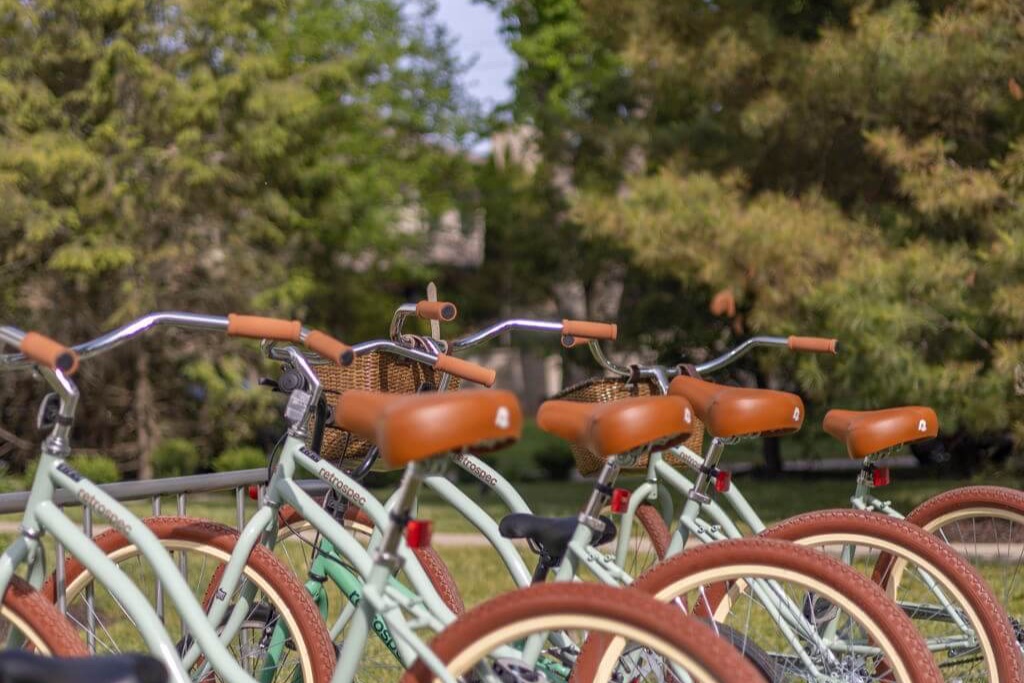 A row of mint beach cruiser bicycles ready for the short ride to Lake Michigan